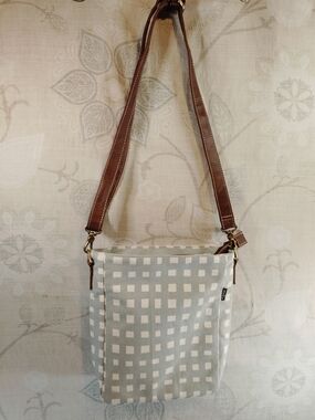 Maika Gray and White Check Crossbody Bag with Brown Strap
